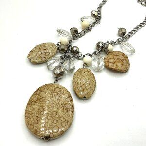 Tan Faux Bead Pendant Necklace With Clear Beads and Metal Chain Design